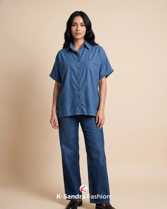Camisa de Mezclilla Manga Corta con Bolsillos – Estilo Casual y Versátil
