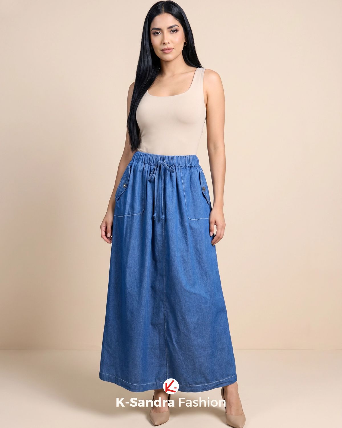 Falda de mezclilla con resorte y bolsillos – Cómoda y femenina
