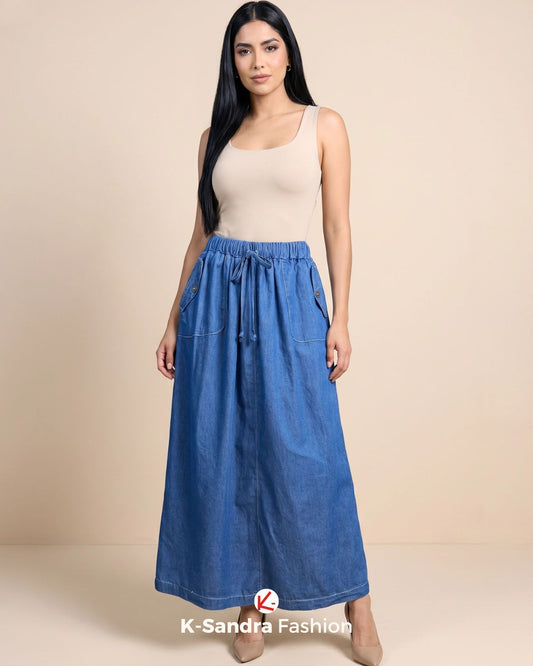Falda de mezclilla con resorte y bolsillos – Cómoda y femenina