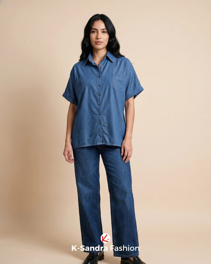 Camisa de Mezclilla Manga Corta con Bolsillos – Estilo Casual y Versátil